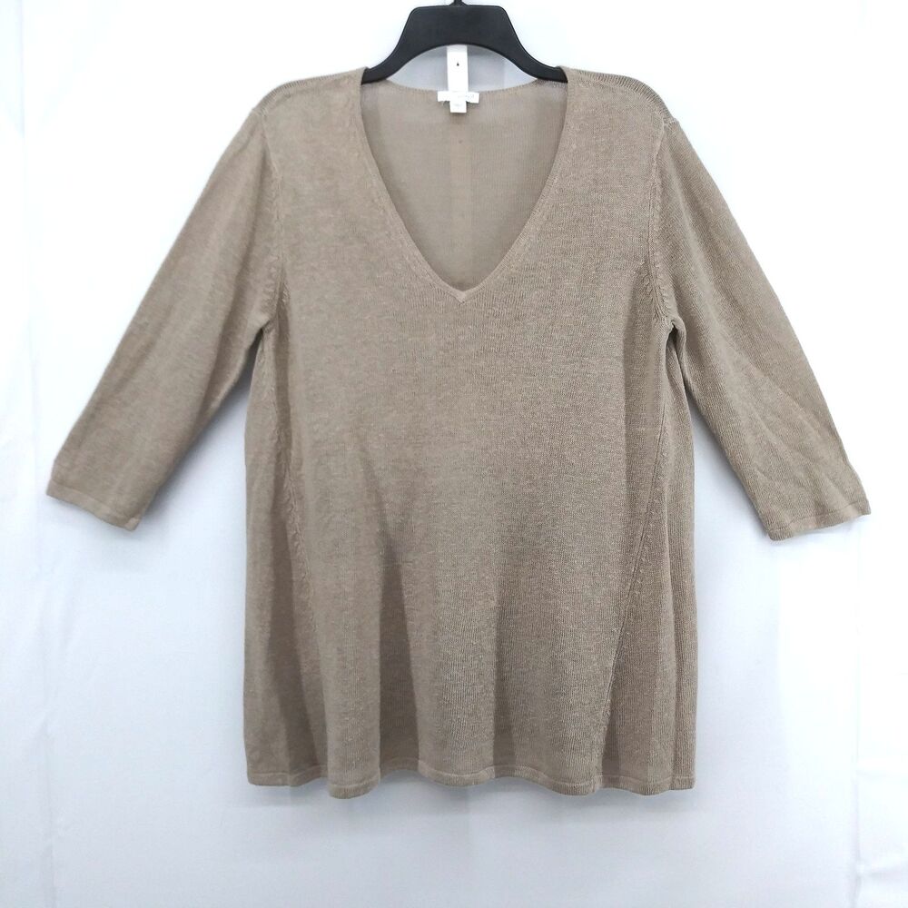 J Jill Pure Jill Top Women Small Tan 3/4 Sleeve V Neck Knit Linen Rayon Blend